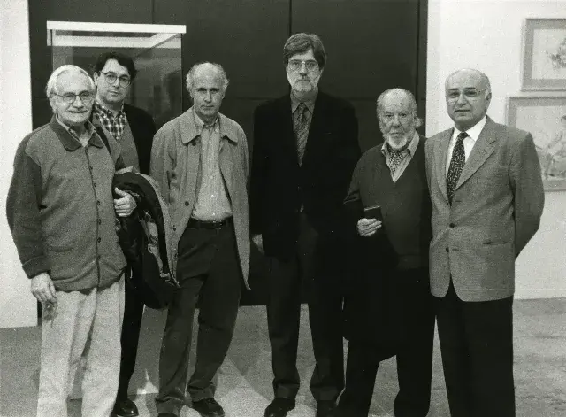 1997-02-27, Biblioteca Nacional, inauguración exposición 'Ramón Gaya y los Libros' (Segovia, Trapiello, Serna, Eloy, Gaya, Brines).